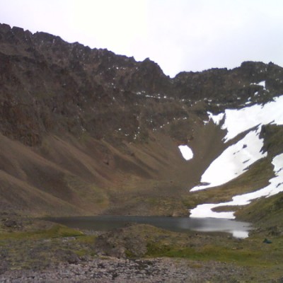 Hidden Lake and the scree field I descended below Hidden Peak.